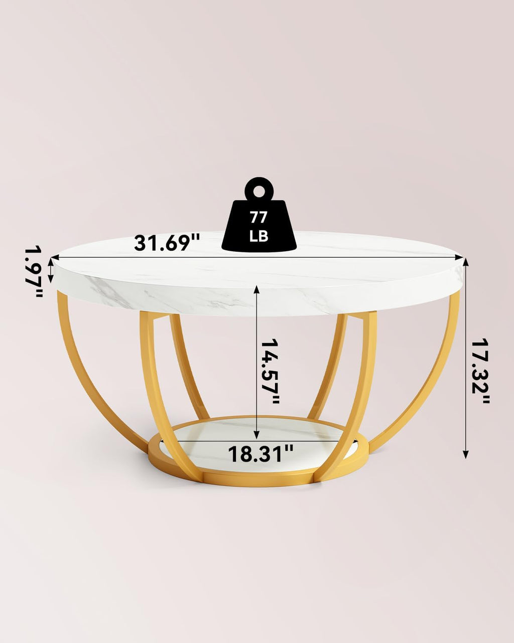 LITTLE TREE Round Coffee Table, 32" Circle Faux Marble Coffee Tables for Living Room, 2-Tier Golden Metal Legs Accent Center Table with Open Storage Modern Design Home Furniture (White and Gold)