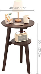 Solid Wood Round Side Table with 2 Open Shelves – Decorative Nightstand & Coffee Table for Bedroom, Living Room, or Study(Brown)