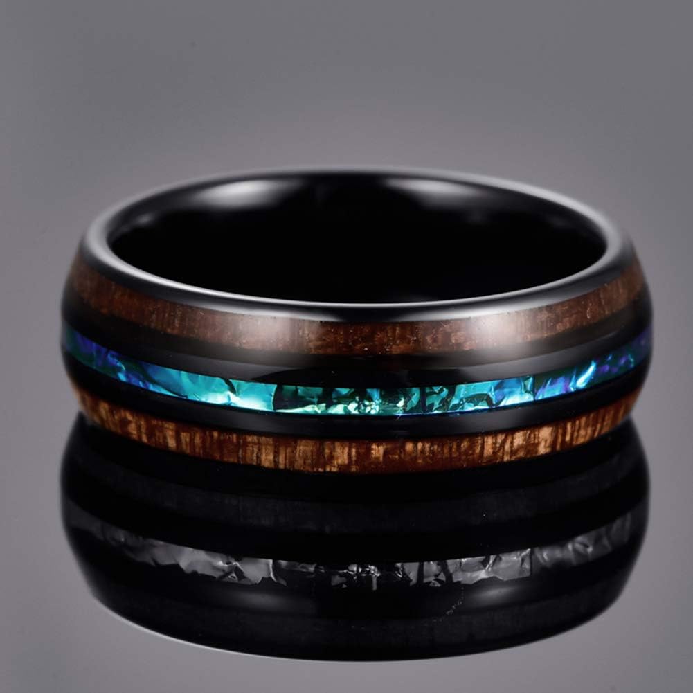 Vakki 6mm/8mm Tungsten Rings for Men Hawaiian Koa Wood Inlay Dome Abalone Shell/Blue Center Wedding Bands Comfort Fit Size 4 to 17