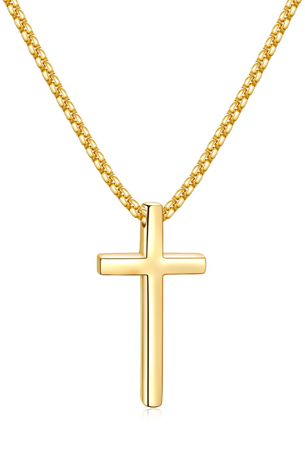 Fiusem Cross Necklace for Men, Silver/Gold/Black Mens Cross Necklaces with 2.5mm Cross Chain and Stainless Steel Cross Pendant, Box Chain 16-24 Inch