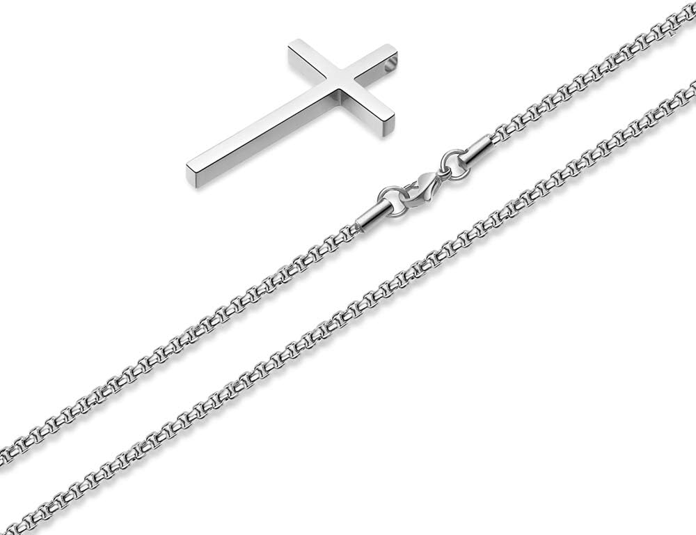 M MOOHAM Cross Necklace for Men, Silver Black Gold Stainless Steel Plain Cross Pendant Necklace for Men Box Chain 16-30 Inch