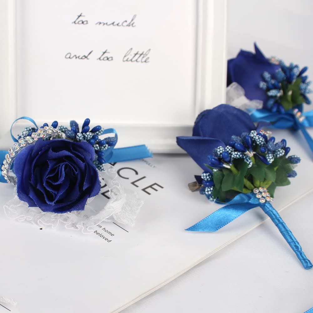 WANLIAN Rose Wrist Corsage Bridesmaid Corsage and Boutonniere Set for Wedding Prom Party Hand Flower Decoration Set of 2 (Blue)