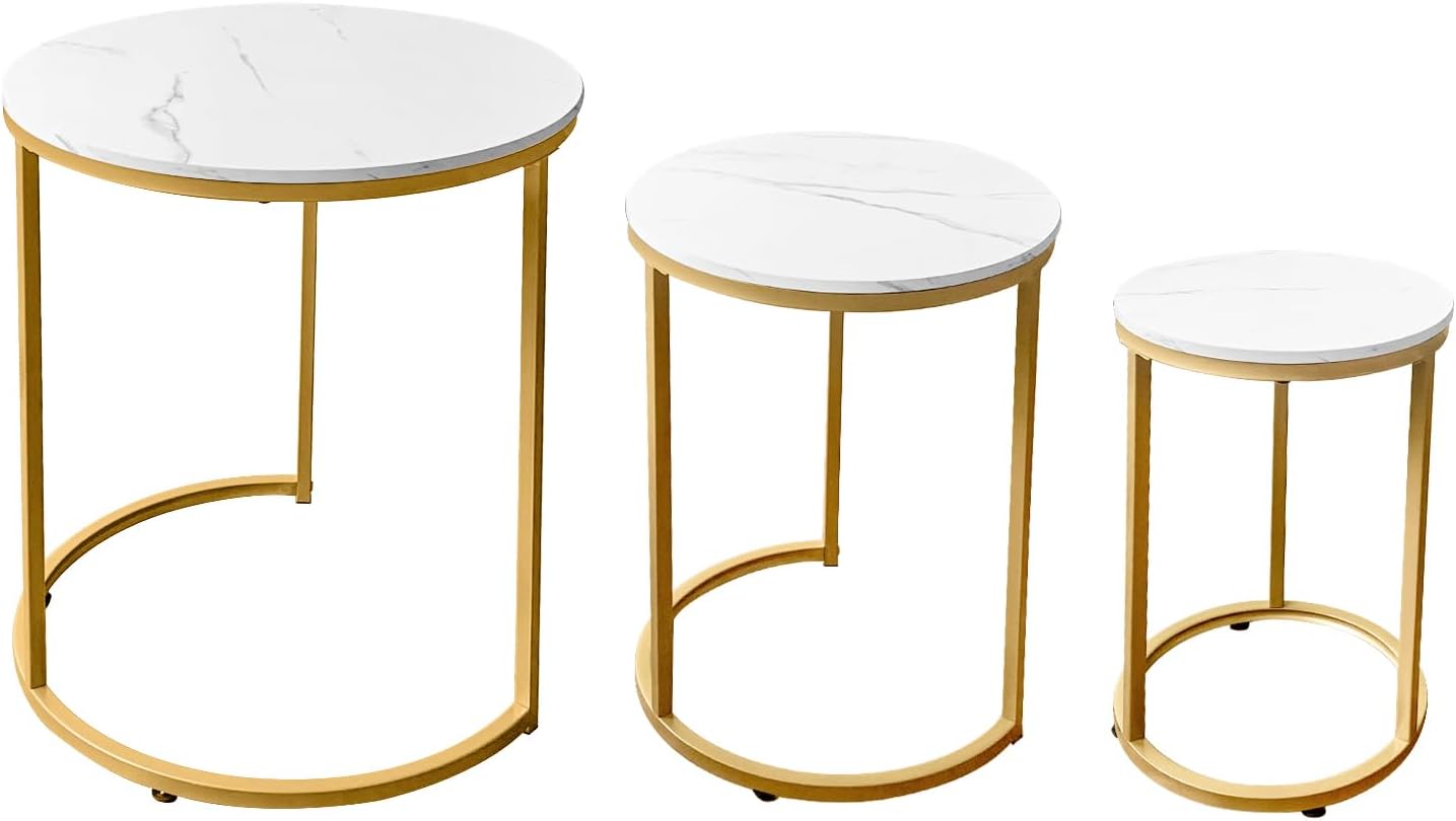 AT-VALY Nesting Tables Coffee Table Set of 3,Round Side Table Small Accent Table for Living Room,Bedroom Apartment (Gold)