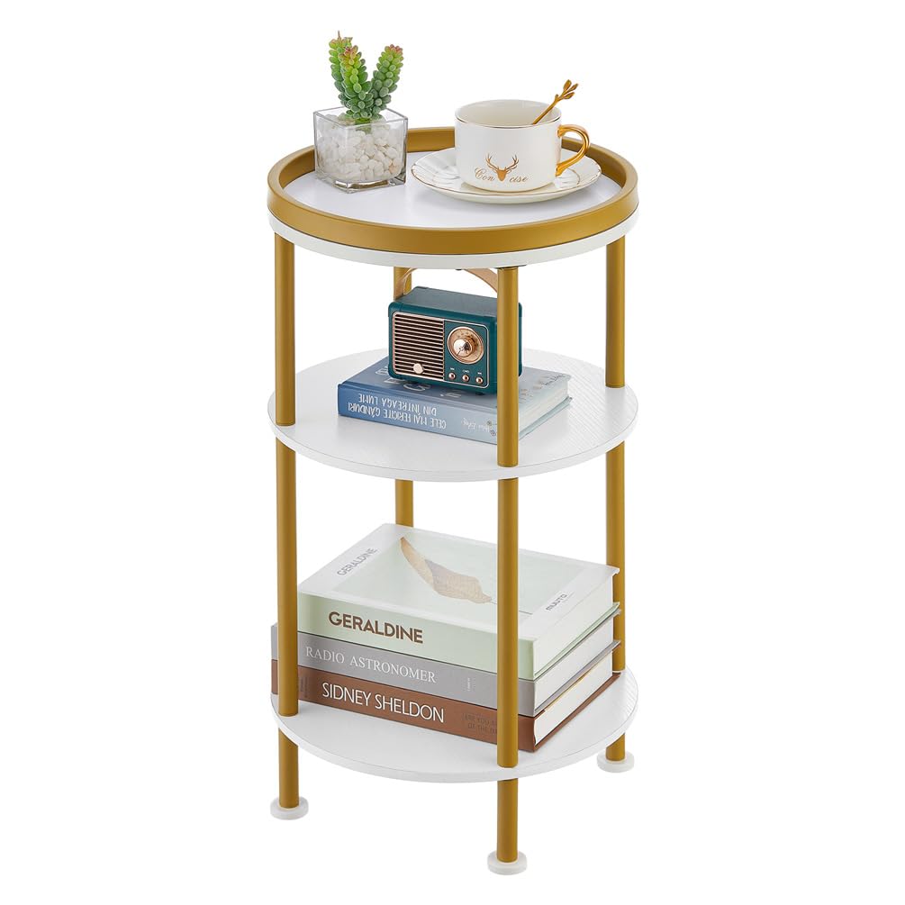 Small Round Side Table for Small Spaces, 3-Tier Round Accent Table Slim Side Table, Modern Sofa Corner Table for Living Room Nightstand Bedroom (Rustic Brown)