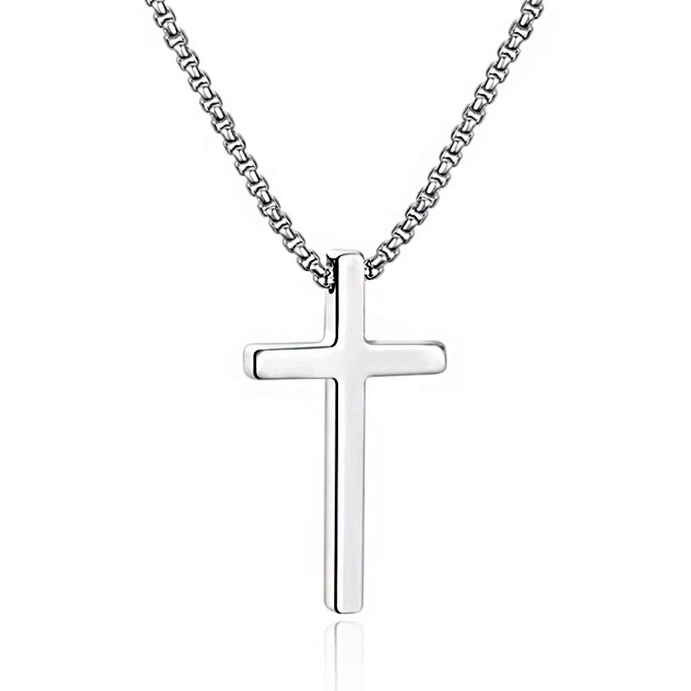 M MOOHAM Cross Necklace for Men, Silver Black Gold Stainless Steel Plain Cross Pendant Necklace for Men Box Chain 16-30 Inch