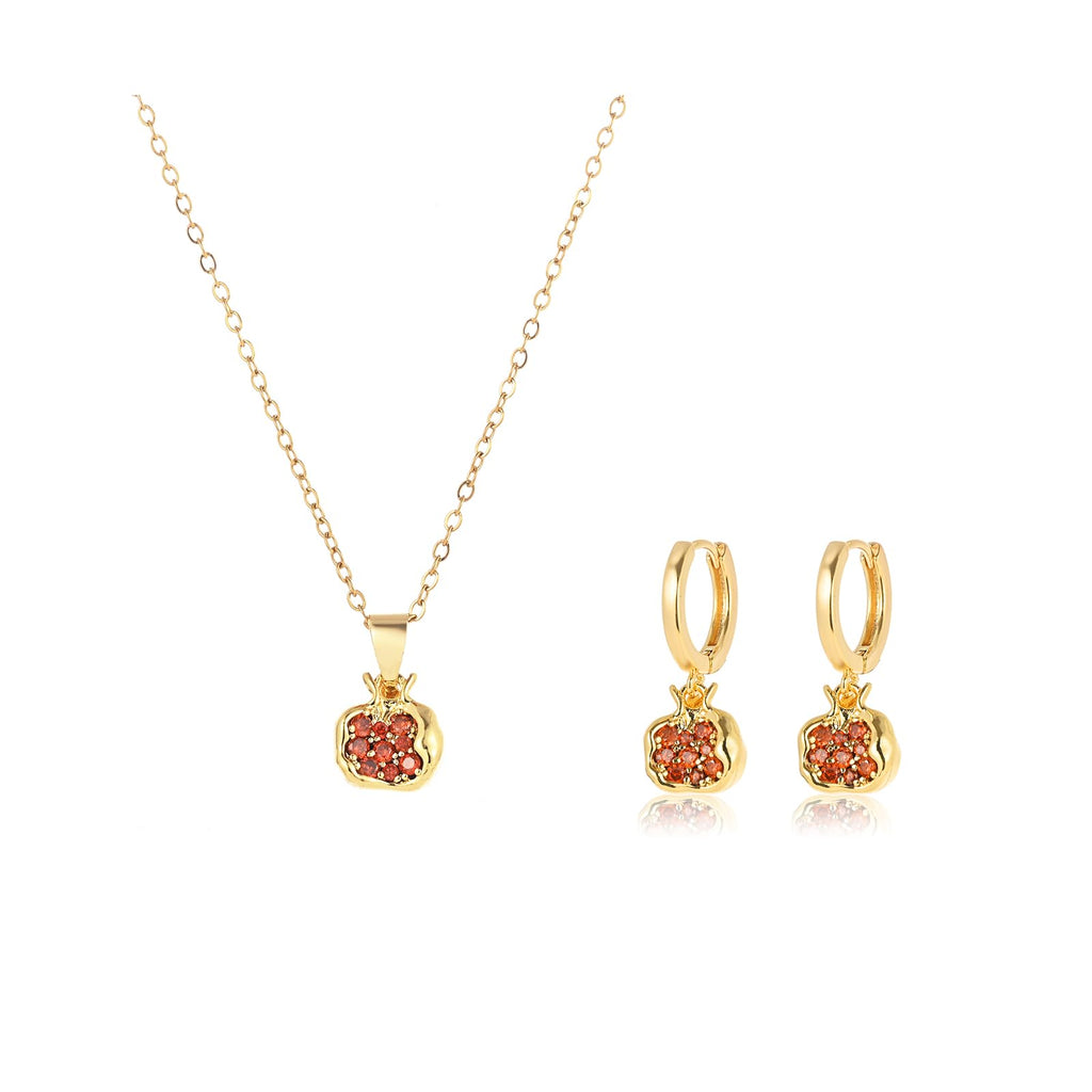 Pomegranate Earrings Necklace for Women 18k Gold Plated Cubic Zirconia Inlay Red Pomegranate Pendant Necklace Gold Hoop Earrings Jewelry Set