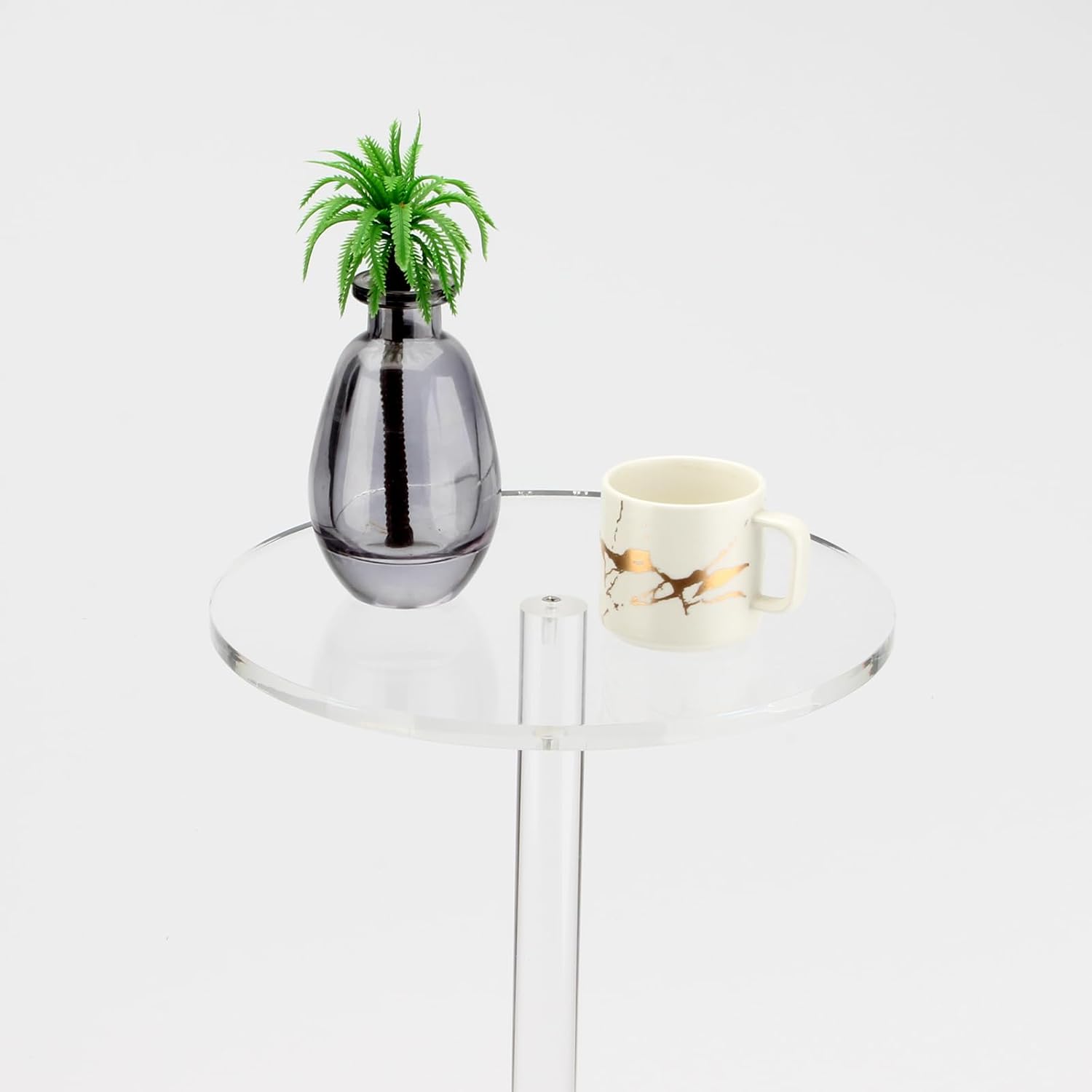 Acrylic Drink End Table, Clear Drink Table for Small Spaces with Anti-Slip Pads, 9.8" Round Modern Side Coffee Table for Living Room/Bedroom/Bathroom/Office/Outdoor/Business, Easy to Install