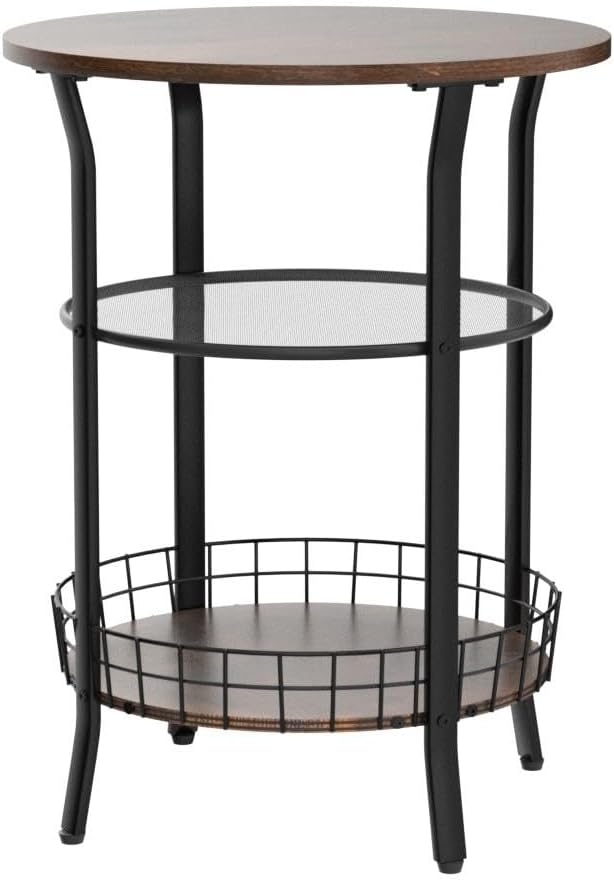 X-cosrack Round Side Table, Industrial Retro End Table with Storage,Coffee Snack Table for Living Room, Bedroom,Kitchen,Office,Stable Wood and Metal Frame,Rustic Brown
