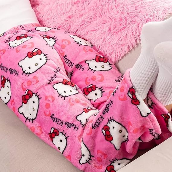 Cartoon Pajamas Pants for Women Girls Cute Cat Print Flannel Sleep Bottoms Halloween Christmas Sleepwear M