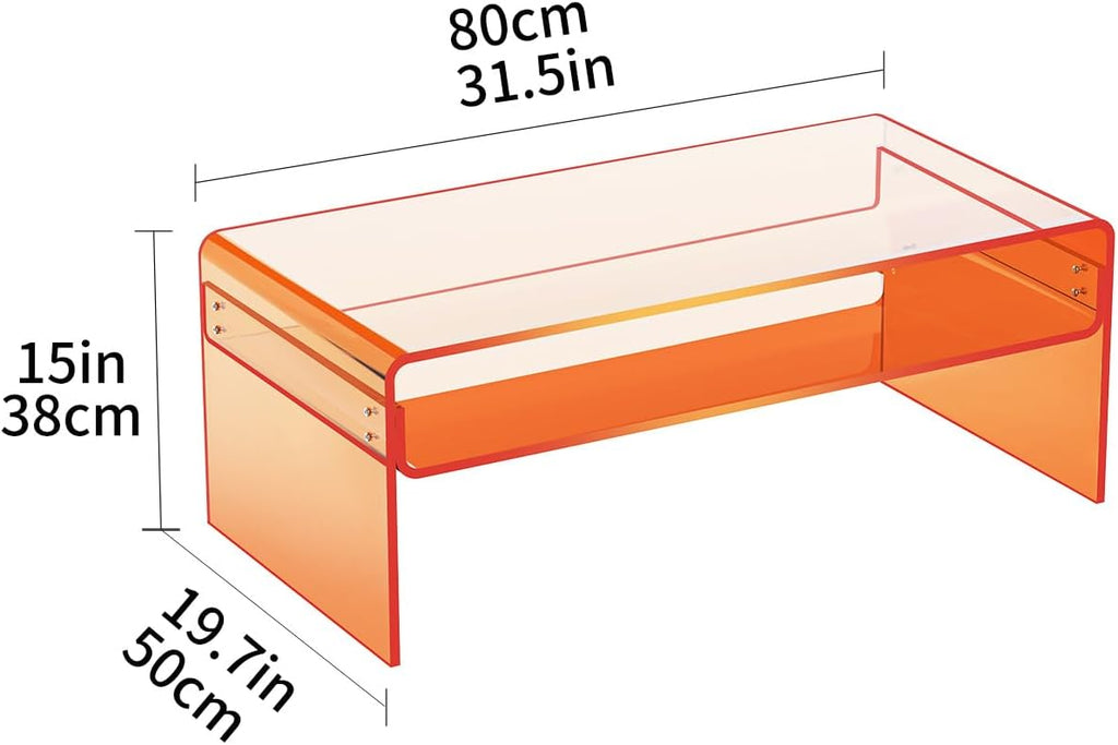 Acrylic Coffee Table for Living Room Clear Rectangle Lucite Table with Open Storage Shelf, Orange