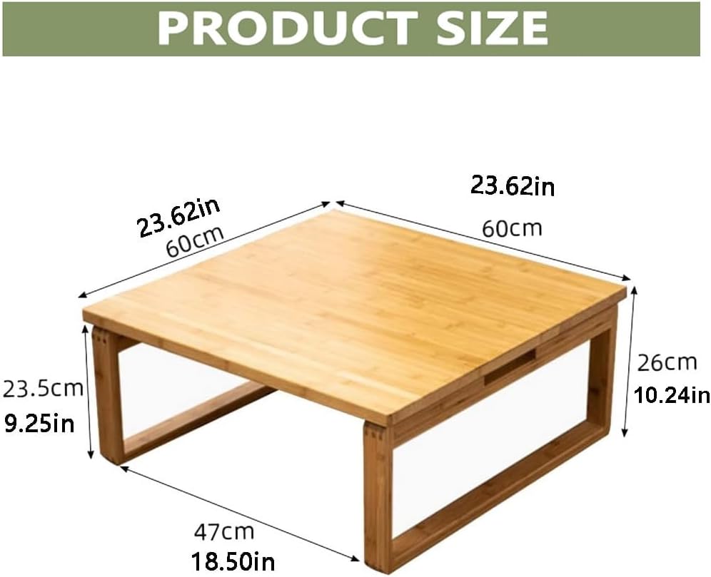 Japanese Style Folding Coffee Table, Portable Tea Table Low for Floor Sitting, Foldable Bamboo Kotatsu Dining Altar Bay Window Table (60x60cm, Square)