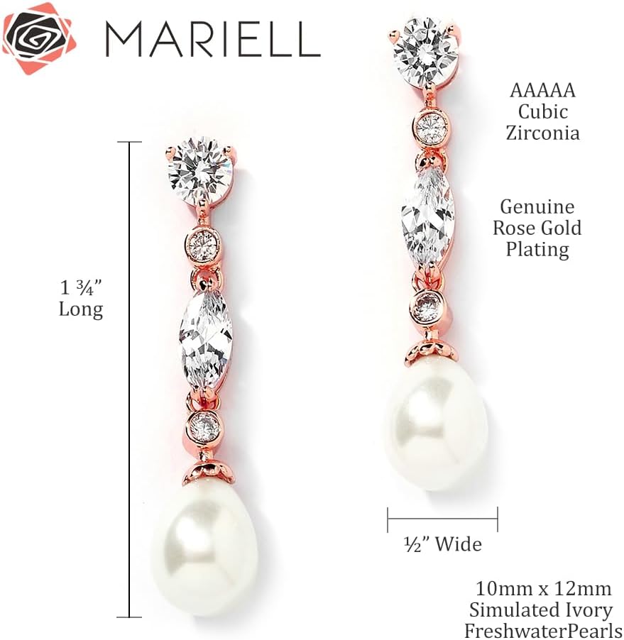 Mariell Rose Gold Pearl Bridal Earrings with Cubic Zirconia Crystals, 1 ¾" Long Dangle Wedding Earring for Brides, Homecoming, Mother of the Bride