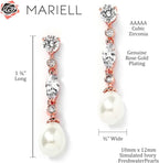 Mariell Rose Gold Pearl Bridal Earrings with Cubic Zirconia Crystals, 1 ¾" Long Dangle Wedding Earring for Brides, Homecoming, Mother of the Bride