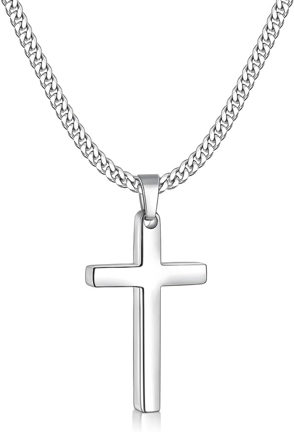 Fiusem Silver Tone Cross Necklace for Men, Mens Cross Necklaces with 3.5mm Chain and Stainless Steel Pendant, Cuban Chain 16-24 Inches