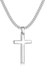 Fiusem Silver Tone Cross Necklace for Men, Mens Cross Necklaces with 3.5mm Chain and Stainless Steel Pendant, Cuban Chain 16-24 Inches