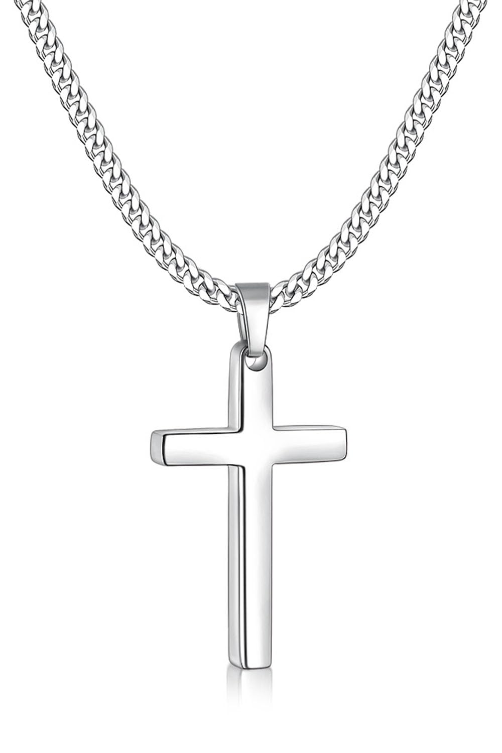 Fiusem Silver Tone Cross Necklace for Men, Mens Cross Necklaces with 3.5mm Chain and Stainless Steel Pendant, Cuban Chain 16-24 Inches