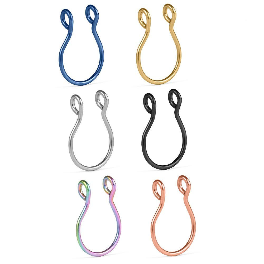 Ruifan 316L Surgical Steel Tribal Fake Faux Clip On Septum Nose Hoop Ring Body Jewelry Piercing Unisex 20 Gauge 5/16"(8mm) 2-6PCS