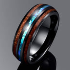 Vakki 6mm/8mm Tungsten Rings for Men Hawaiian Koa Wood Inlay Dome Abalone Shell/Blue Center Wedding Bands Comfort Fit Size 4 to 17