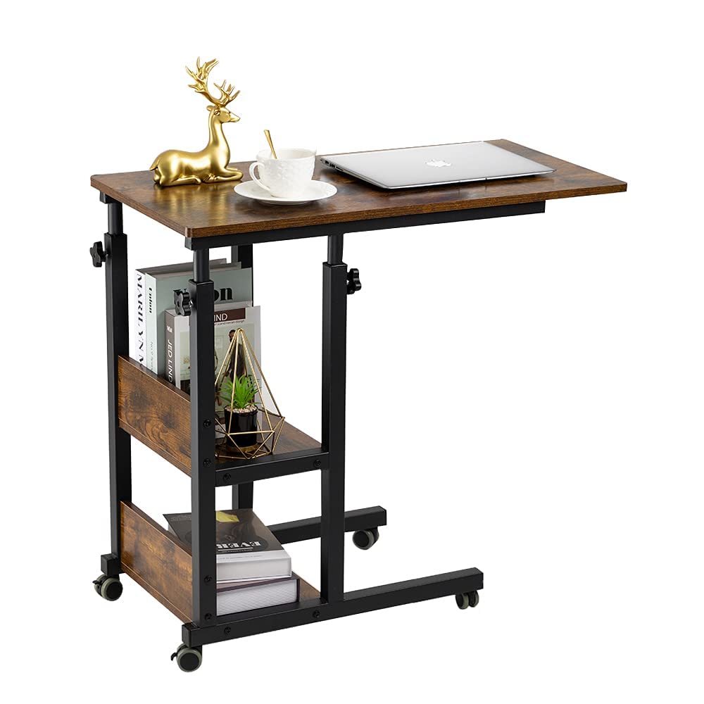 Hadulcet C Shaped Side Table Adjustable, Height Adjustable C Table with Wheels and Storage Shelves for Couch Bed Recliner Dark Grey