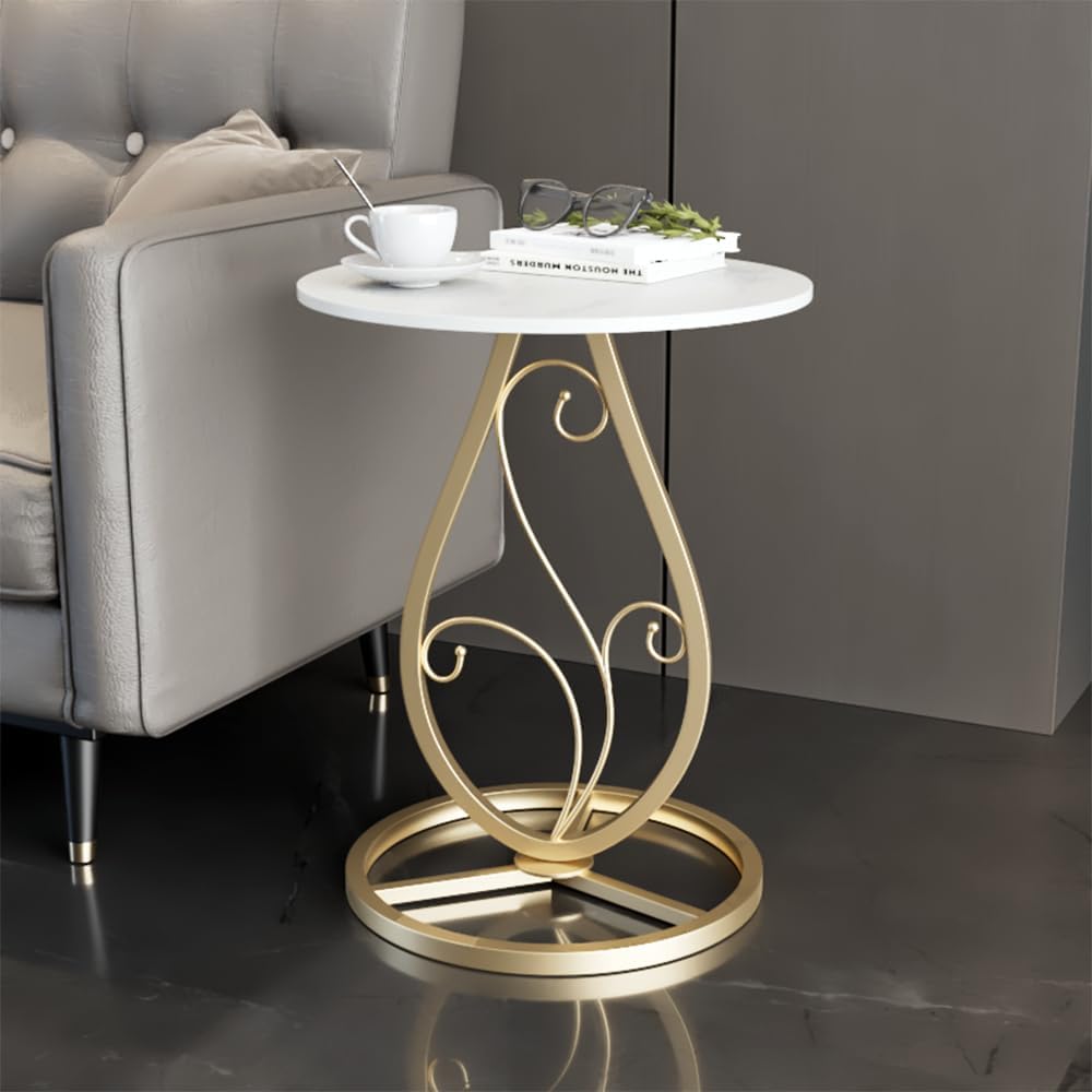 Boho Round Side Table Living Room, Natural Marble Desktop end Tables with Boho Minimalist Metal Floral Base, Modern Decor Bedside nightstand Coffee Table for Living Room Bedroom Sofa Balcony