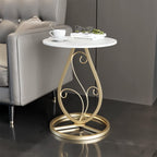 Boho Round Side Table Living Room, Natural Marble Desktop end Tables with Boho Minimalist Metal Floral Base, Modern Decor Bedside nightstand Coffee Table for Living Room Bedroom Sofa Balcony