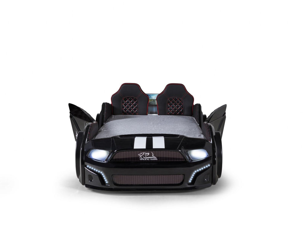 Racerbilseng med LED-lys, Twin-størrelse, sort sportsvognsdesign, oplyste hjul, racerstil hovedgærde