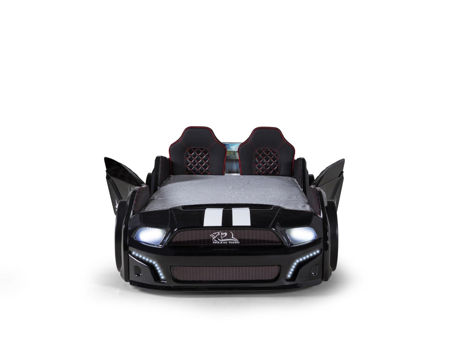 Racerbilseng med LED-lys, Twin-størrelse, sort sportsvognsdesign, oplyste hjul, racerstil hovedgærde
