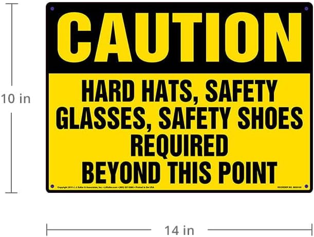 Caution: Hard Hats, Safety Glass, Safety Shoes Required Sign, 14"x10" Aluminum with Rounded Corners for Indoor or Outdoor Use, OSHA Compliant, J. J. Keller & Associates, Inc.