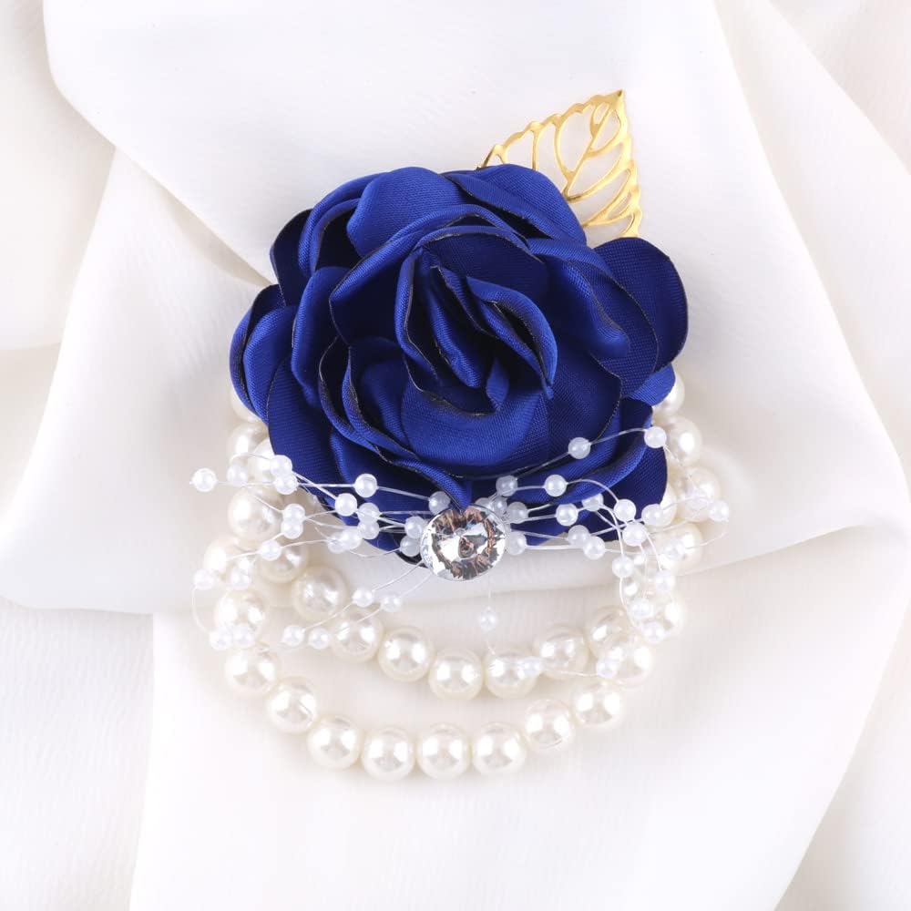WANLIAN Blue Bridesmaid Wrist Corsage Wedding Flowers Prom Rose Corsage and Boutonniere Set for Wedding Party Prom Wedding Ceremony Anniversary Set of 2(Blue)