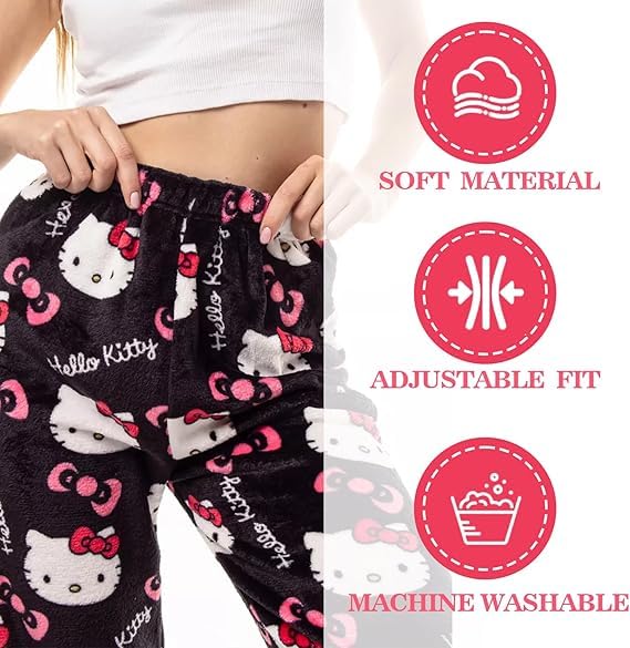 Anime Pajama Pants Women Cute Cat PJS Fluffy Flannel Sleep Bottoms