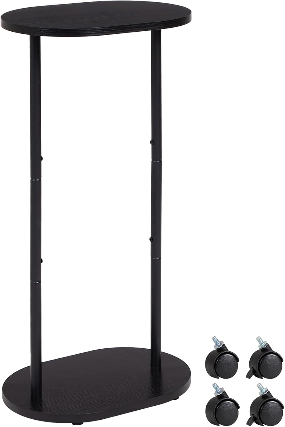 Narrow Side Table, 2-Tier Oval Drink End Table with Wheels for Living Room, Skinny Nightstand for Small Spaces, Bedroom, Bathroom, Black, HETNR01BK-1