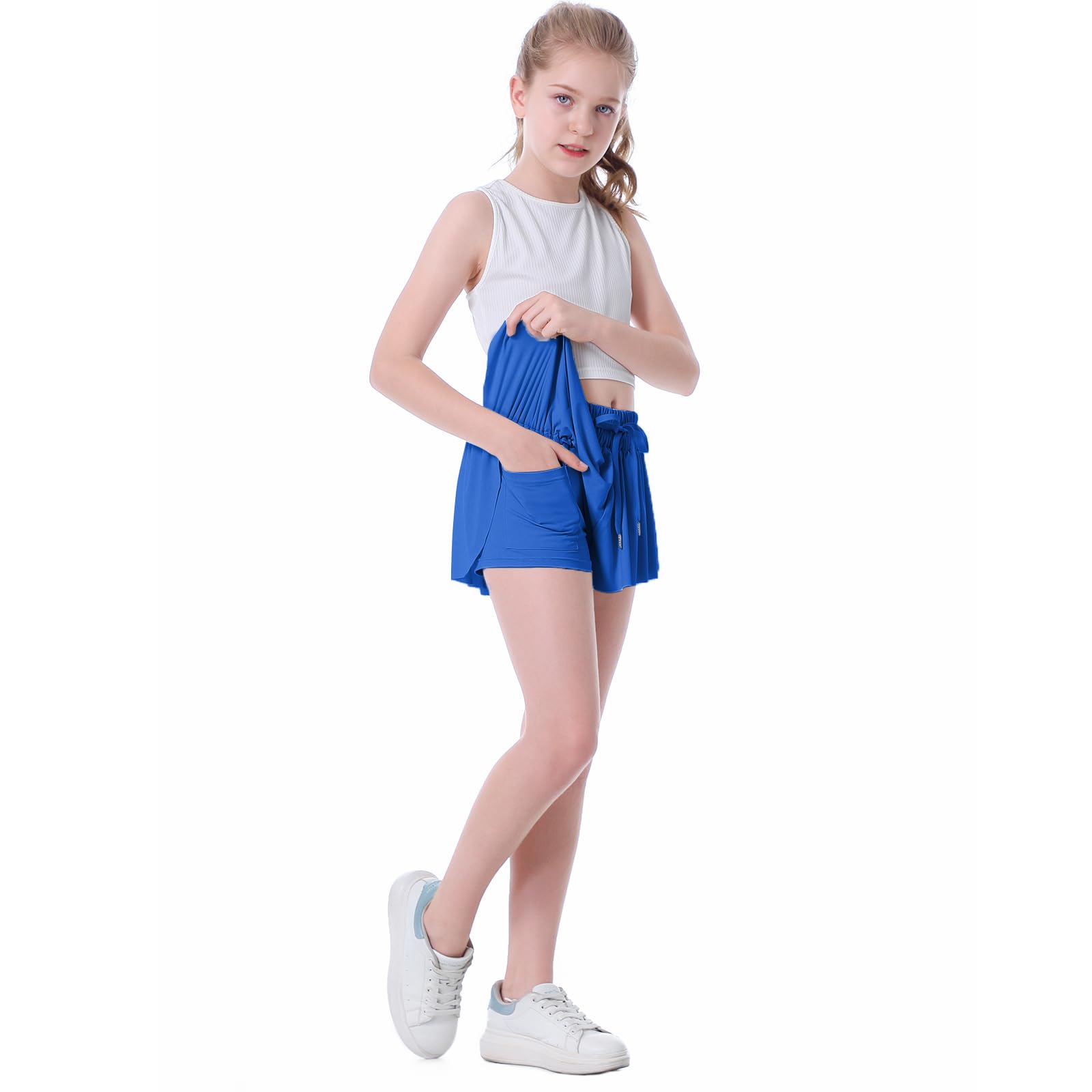 Fließende Shorts für Mädchen Schmetterlingsshorts für Kinder Preppy Shorts für Teenager Tennis Lauf- und Sportshorts mit Futter (Royalblau, 13-14 Jahre)