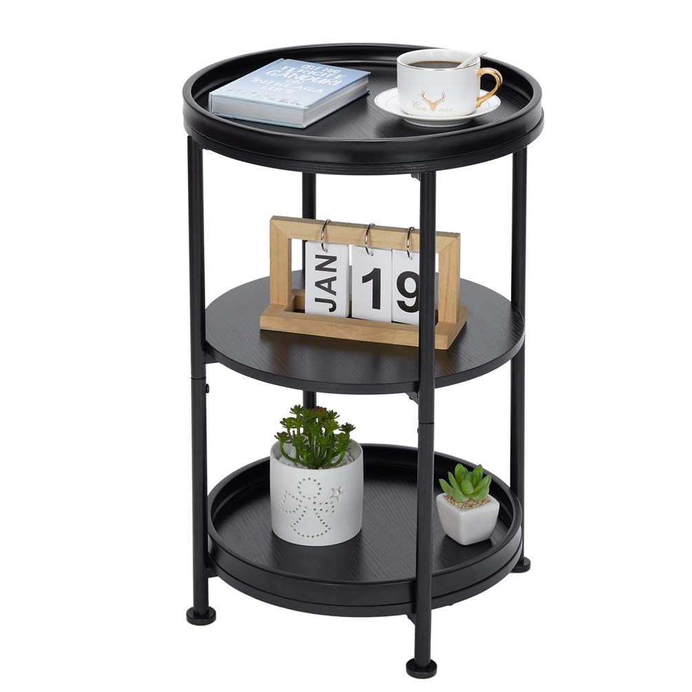 Dulcii Side Table, Round End Table with 3 Storage Shelves for Living Room, Bedroom, Nightstand with Steel Frame for Small Spaces, Industrial Round Sofa Table, Outdoor Accent Coffee Table, Rustic Brown