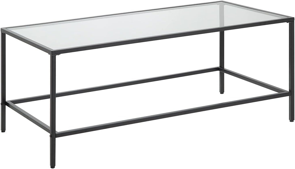 CAWS Black Coffee Table, Tempered Glass Wide Rectangle Coffee Table with Black Metal Frame, Modern Minimalist Center Table for Living Room, Dining Room, Office, Pantry or Outdoor