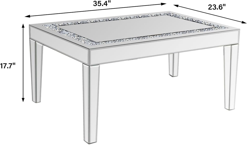 Silver Mirrored Coffee Table with Crystal Inlay, Rectangle Glass Tea Table with Mirrored Finish, Modern Center Table for Living Room and Office (23.6" D x 35.4" W x 17.7" H)