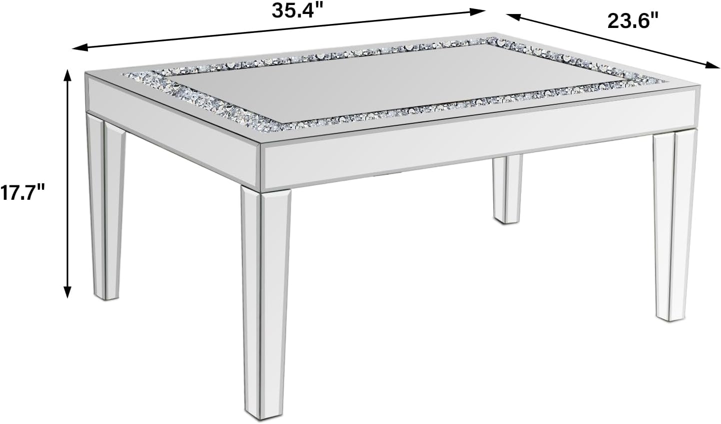 Silver Mirrored Coffee Table with Crystal Inlay, Rectangle Glass Tea Table with Mirrored Finish, Modern Center Table for Living Room and Office (23.6" D x 35.4" W x 17.7" H)
