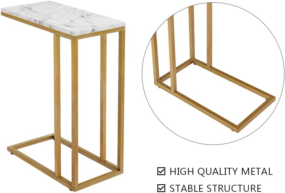 C-Shape Side End Table, Faux Marble Tray Snack Table with Metal Frame, Laptop Coffee Holder, Modern Furniture (Gold,2pcs)