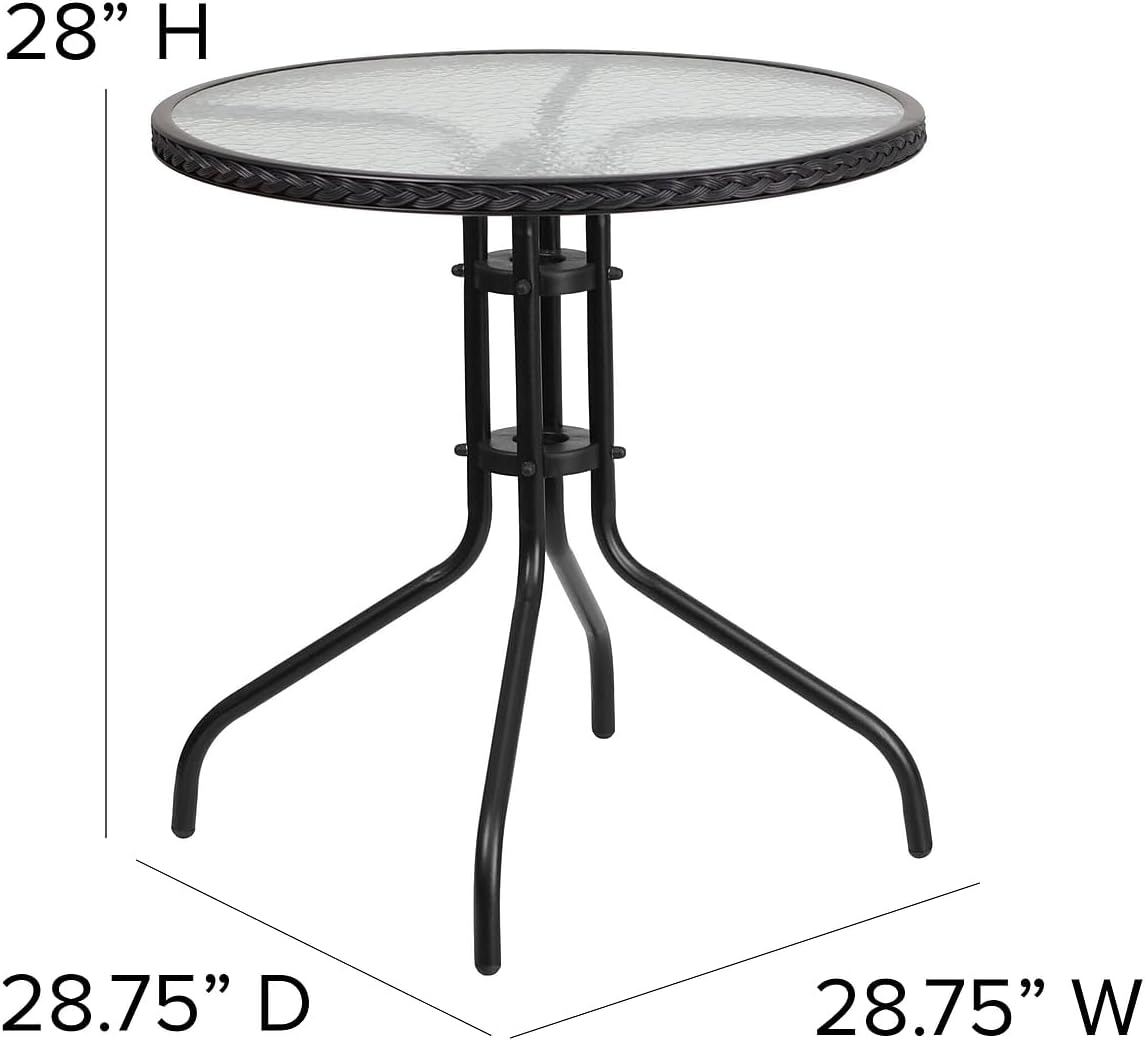 Flash Furniture Barker 28'' Round Tempered Glass Metal Table with Black Rattan Edging