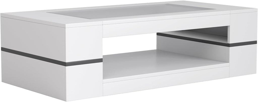 47.2" Modern Stylish Coffee Table with Glass Table Top, Large Living Room Table Rectangular 2-Tier Center Tables with Storage, Wooden Tea Tables for Dining Reception Room, White