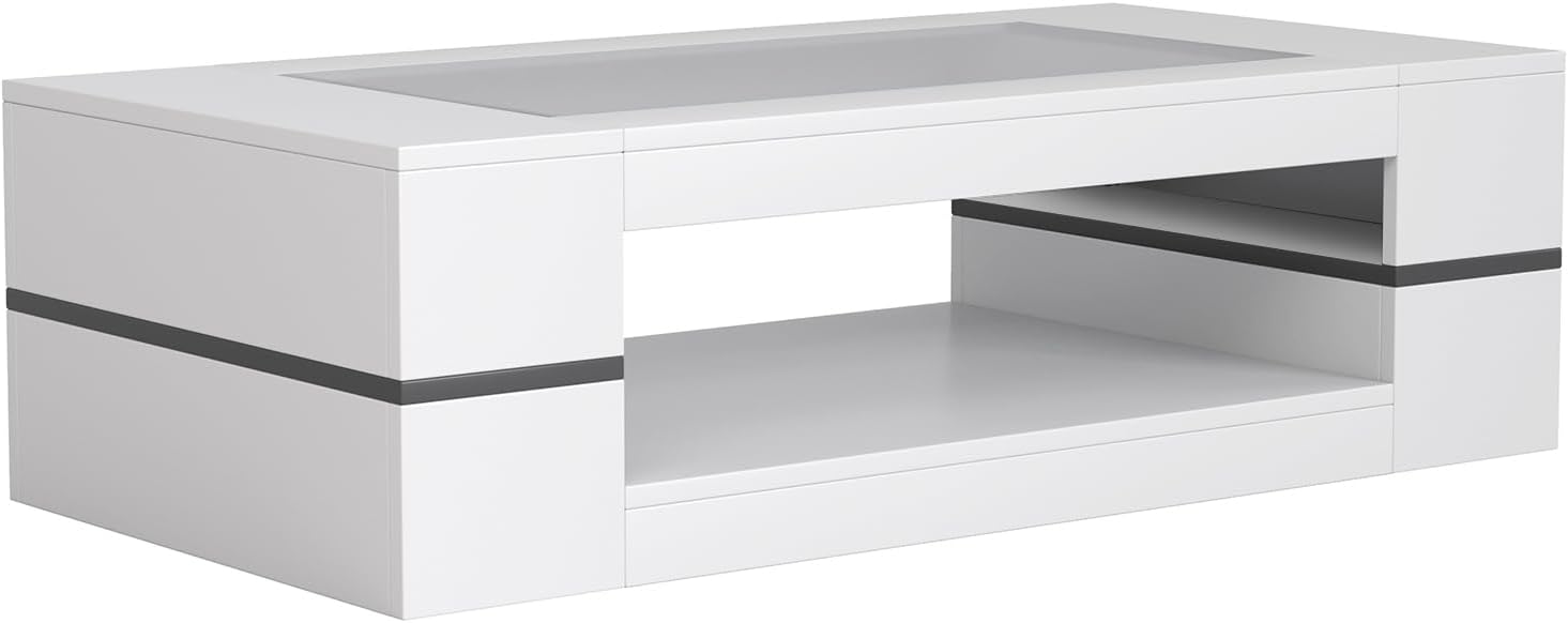 47.2" Modern Stylish Coffee Table with Glass Table Top, Large Living Room Table Rectangular 2-Tier Center Tables with Storage, Wooden Tea Tables for Dining Reception Room, White