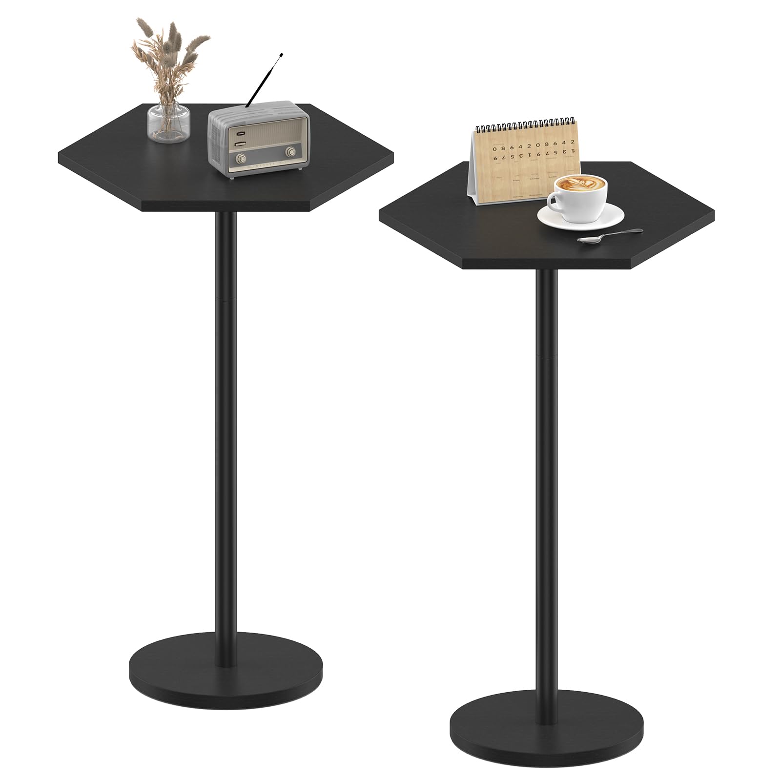 Drink Tables for Small Spaces, Black Pedestal Side Table for Couch, Modern Cocktail Martini Table, Hexagon Small Pedestal Coffee End Table for Living Room Bedroom Patio