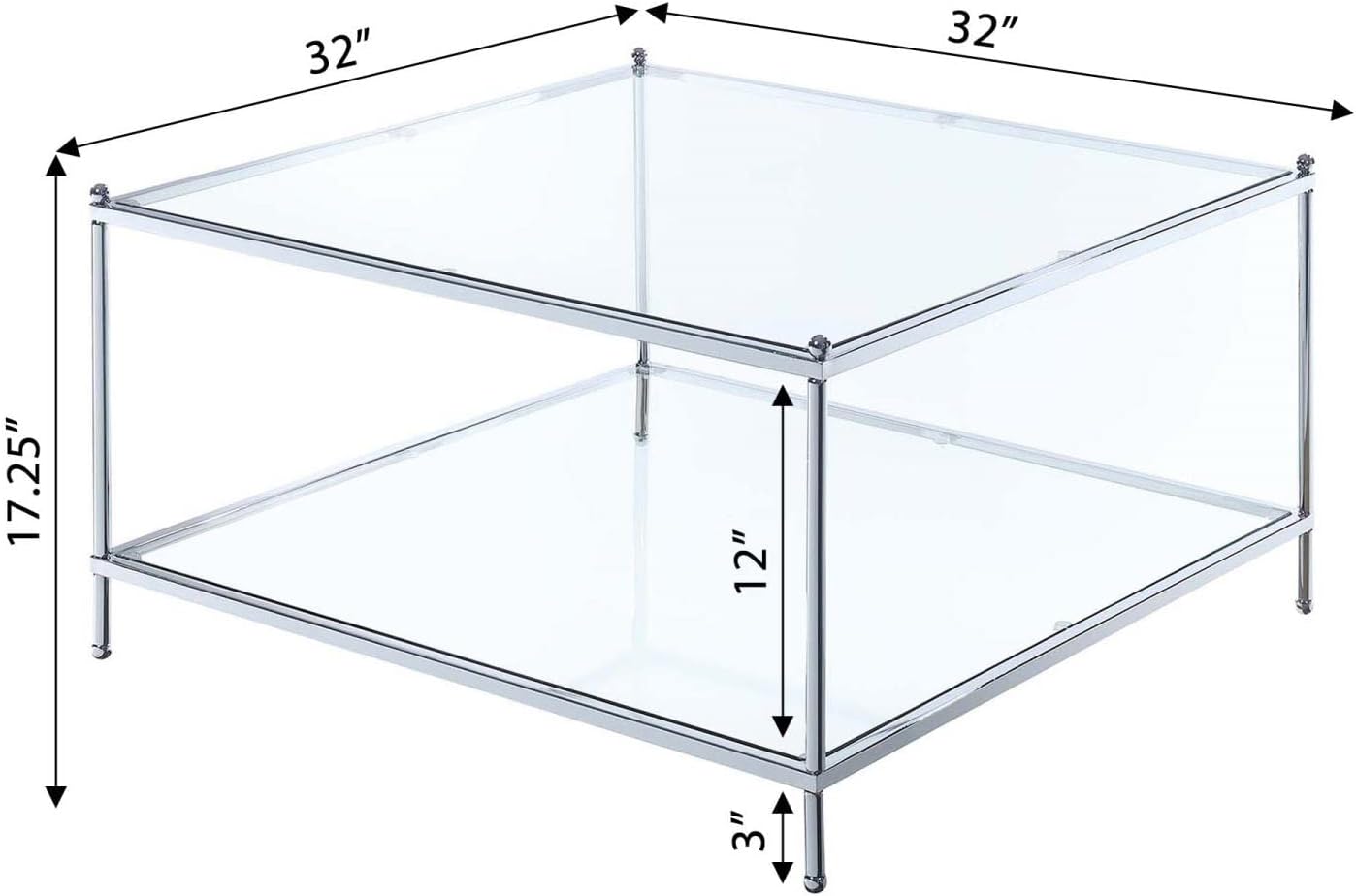Convenience Concepts Royal Crest Square Coffee Table, Clear Glass / Chrome Frame