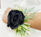 Rikyo Rose Wrist Corsage Wristlet Band Bracelet and Men Boutonniere Set, Corsage for Prom,Bride Hand Flower Flowers Ceremony,Wedding Party Prom Decor,DIY Petals Hair Hat Wreath (Black)