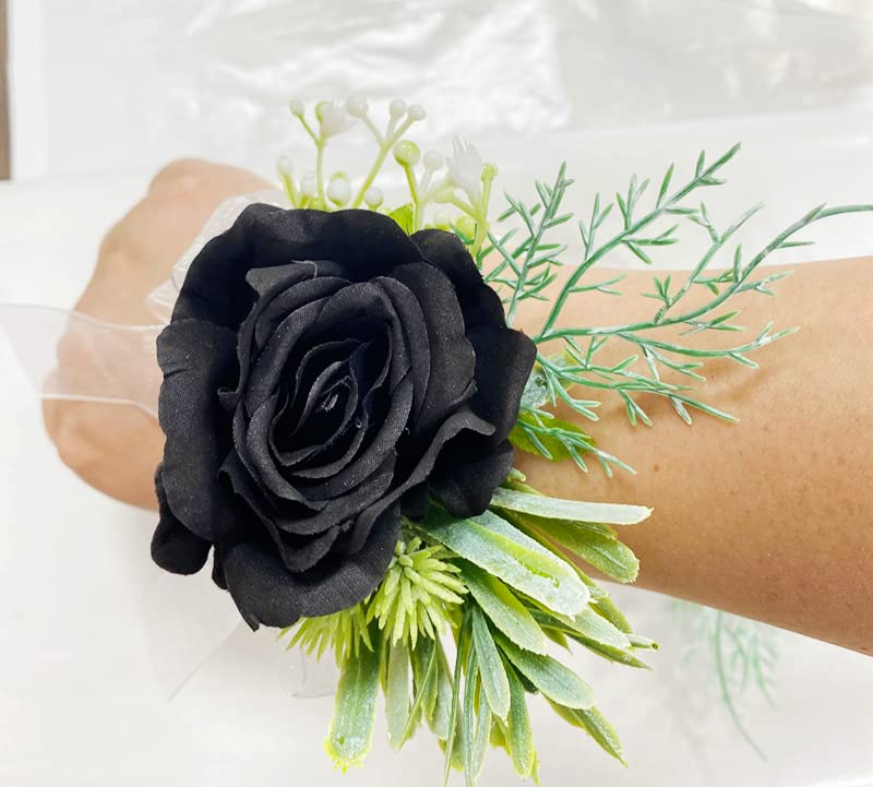 Rikyo Rose Wrist Corsage Wristlet Band Bracelet and Men Boutonniere Set, Corsage for Prom,Bride Hand Flower Flowers Ceremony,Wedding Party Prom Decor,DIY Petals Hair Hat Wreath (Black)