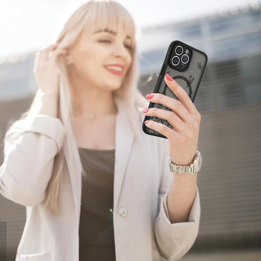 AIGOMARA Magnetic Case for iPhone 13 Pro Max [Compatible with MagSafe] Cute Black Flower Floral Case for Women Girls Soft TPU Bumper Hard PC Back Anti-Fall Shockproof Protective Slim Cover