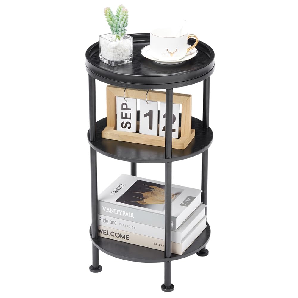 Small Round Side Table for Small Spaces, 3-Tier Round Accent Table Slim Side Table, Modern Sofa Corner Table for Living Room Nightstand Bedroom (Rustic Brown)