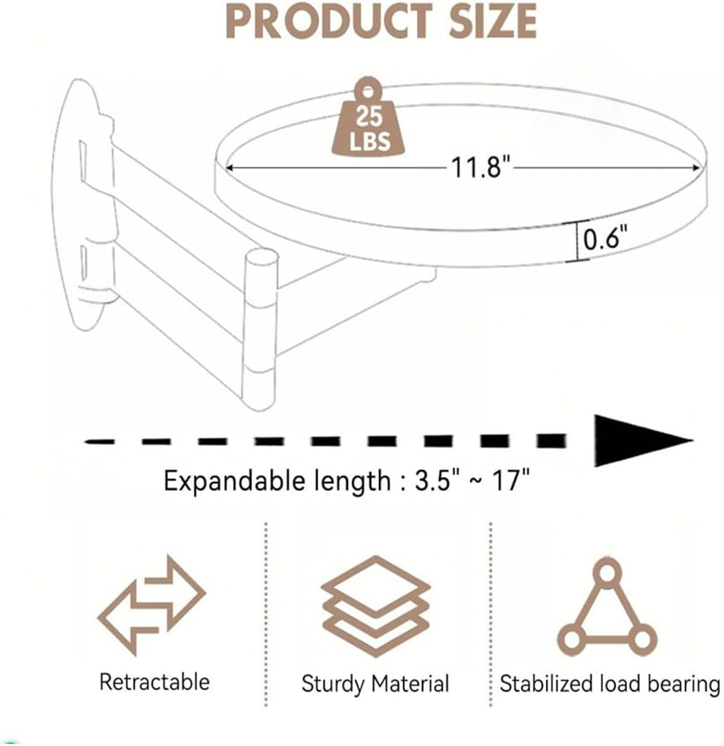 Retractable Wall Mounted Folding Table, Adjustable Sofa Floating Table Balcony Coffee Table, 11.8 Inch Round Wooden Tabletop, Space Saving Design, Adjustable Angle, Acacia Brown (Black)