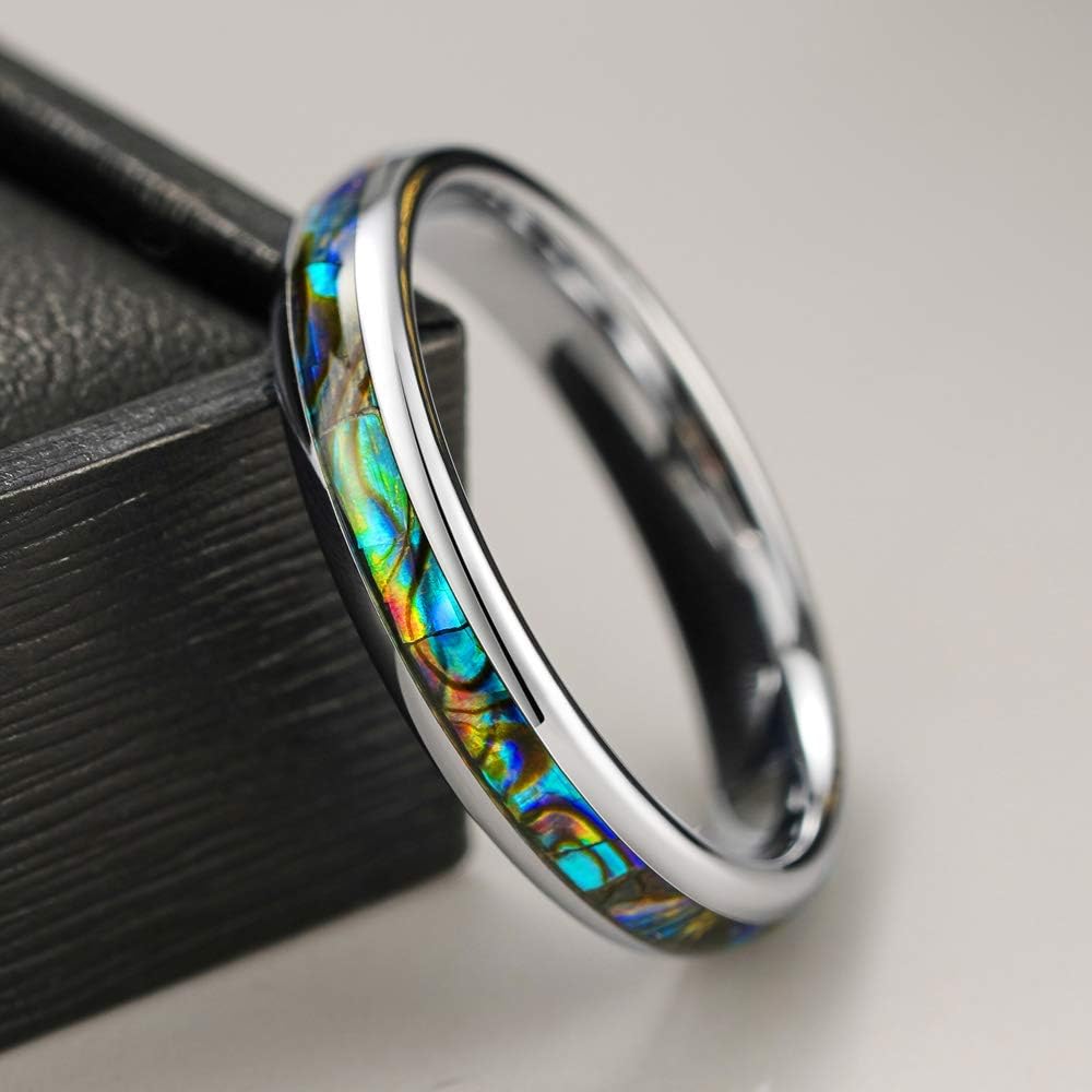 THREE KEYS JEWELRY Abalone Shell Inlay Tungsten Rings 4mm 6mm 8mm Womens Mens Silver Wedding Band/Customized Ring