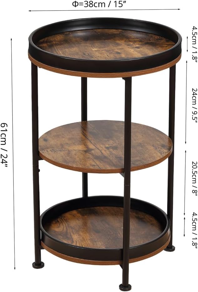 Dulcii Side Table, Round End Table with 3 Storage Shelves for Living Room, Bedroom, Nightstand with Steel Frame for Small Spaces, Industrial Round Sofa Table, Outdoor Accent Coffee Table, Rustic Brown