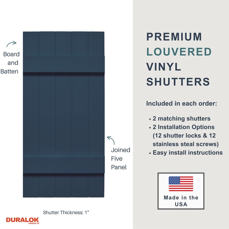 Duralok Vinyl Exterior Shutters | One Pair | Joined Board and Batten Five Vertical Boards Window Shutters | 17.5" x 64" | Primed/Paintable | Simple Installation + Hardware Included | Made in The US